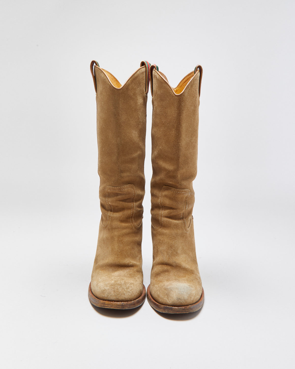 Vintage Y2K 00s Gucci Women's Tan Suede Mid Calf Block Heel Western Boots - UK5.5