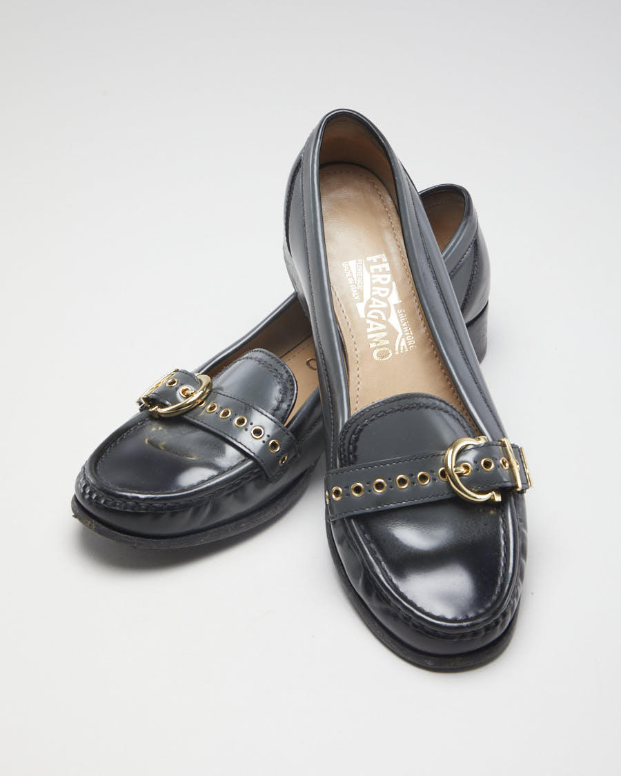 Salvatore Ferragamo Black &amp; Grey Leather Loafers - US 9.5