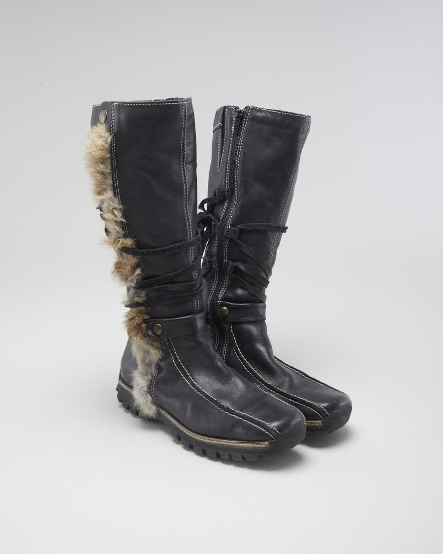 Women's Black Fur trimmed Calf High Boots - UK3