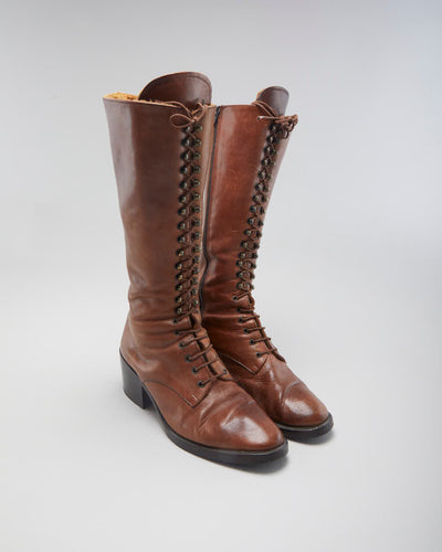 Vintage Women's Brown Leather Lace Up Heeled Boots - UK6