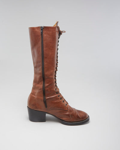 Vintage Women's Brown Leather Lace Up Heeled Boots - UK6