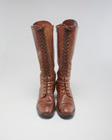 Vintage Women's Brown Leather Lace Up Heeled Boots - UK6