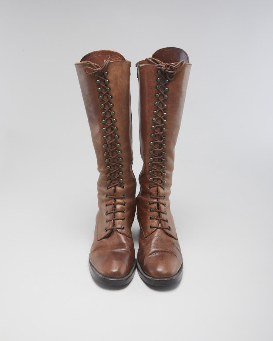 Vintage Women's Brown Leather Lace Up Heeled Boots - UK6