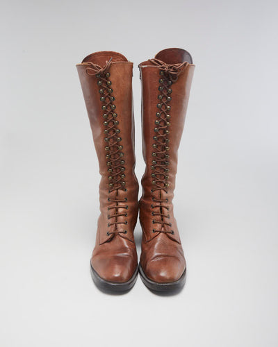Vintage Women's Brown Leather Lace Up Heeled Boots - UK6