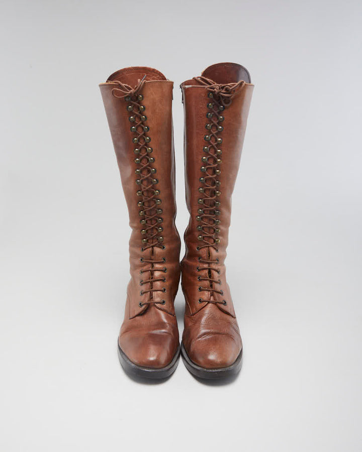 Vintage Women's Brown Leather Lace Up Heeled Boots - UK6