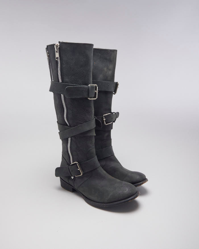 Black Leather Buckle Boots - UK6