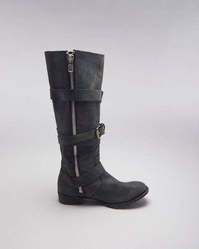 Black Leather Buckle Boots - UK6