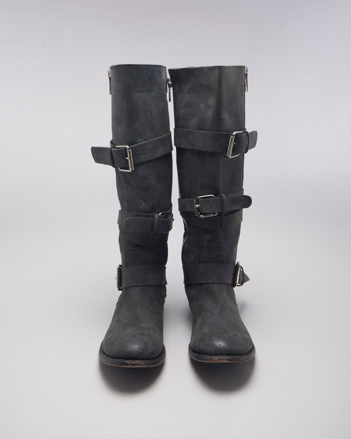 Black Leather Buckle Boots - UK6
