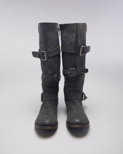 Black Leather Buckle Boots - UK6