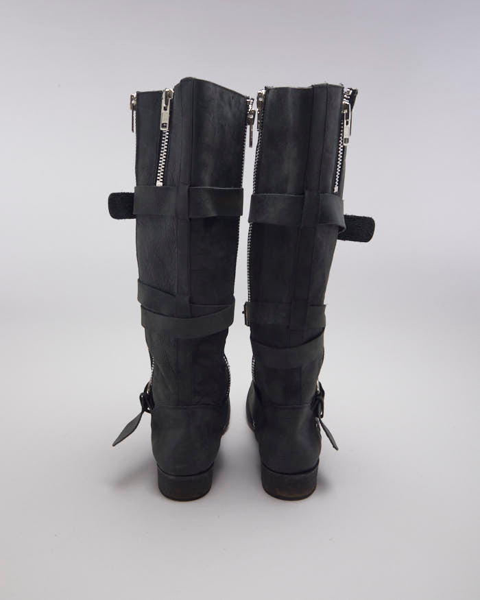 Black Leather Buckle Boots - UK6