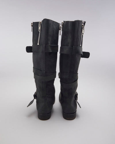 Black Leather Buckle Boots - UK6