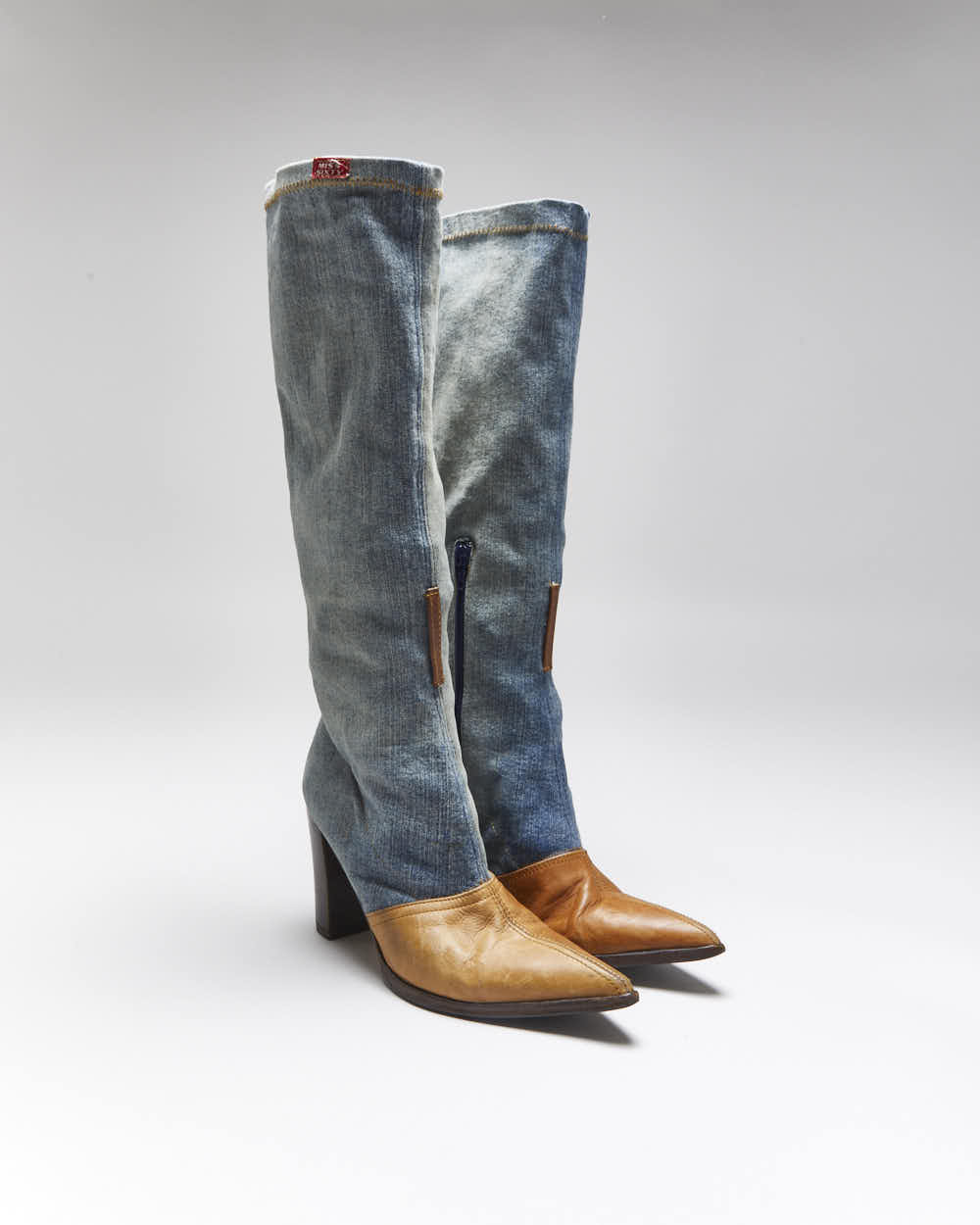 Vintage Y2K 00s Miss Sixty Knee High Denim & Leather Pointed Toe Boots - UK4