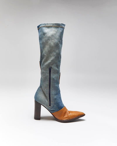 Vintage Y2K 00s Miss Sixty Knee High Denim & Leather Pointed Toe Boots - UK4