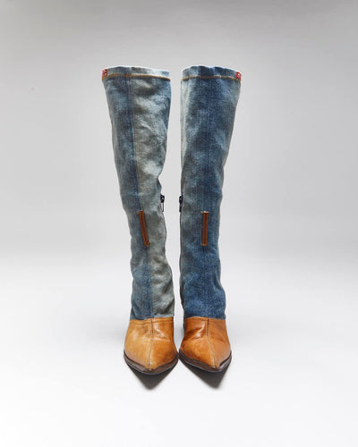 Vintage Y2K 00s Miss Sixty Knee High Denim & Leather Pointed Toe Boots - UK4