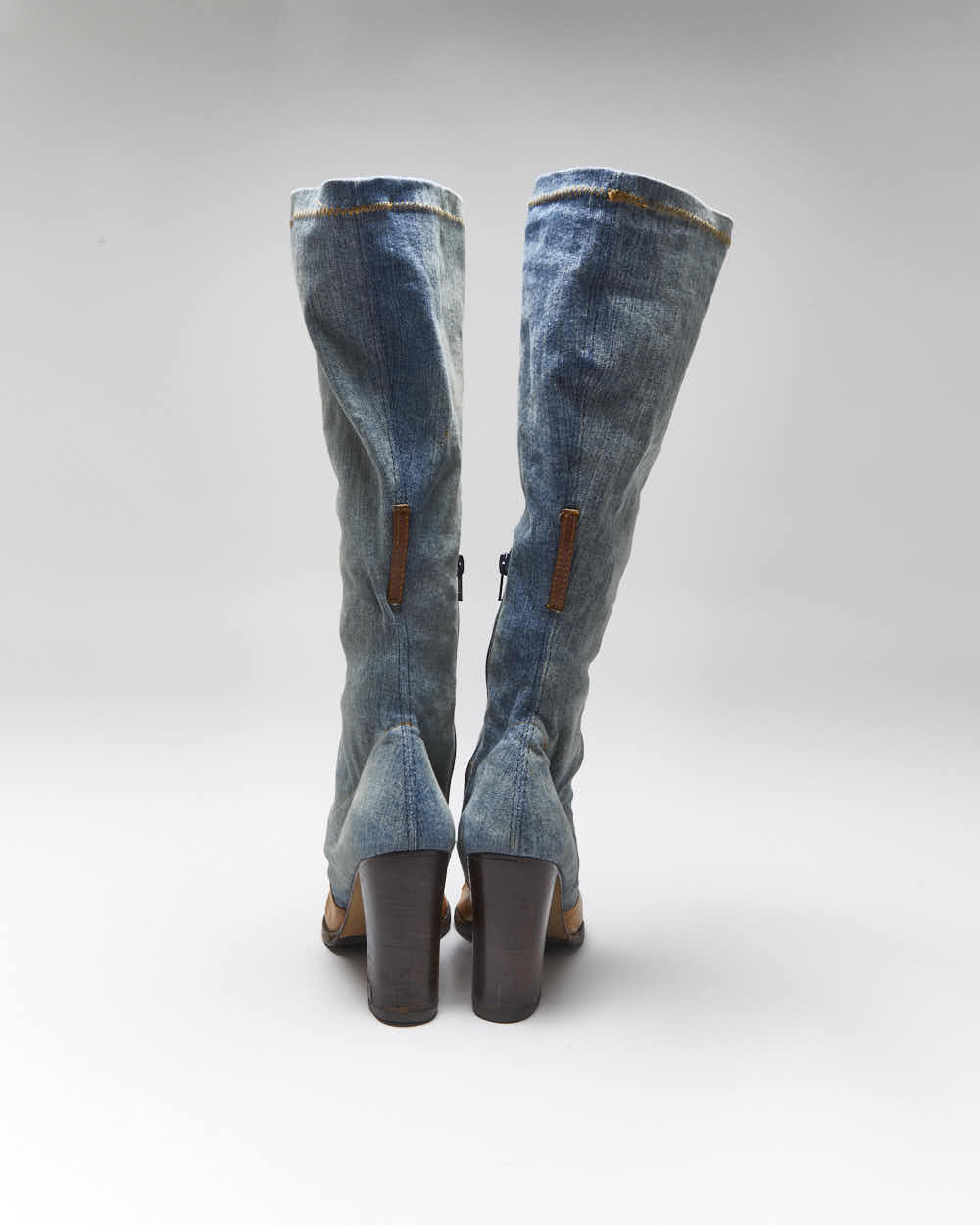 Vintage Y2K 00s Miss Sixty Knee High Denim & Leather Pointed Toe Boots - UK4