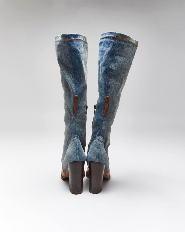 Vintage Y2K 00s Miss Sixty Knee High Denim & Leather Pointed Toe Boots - UK4