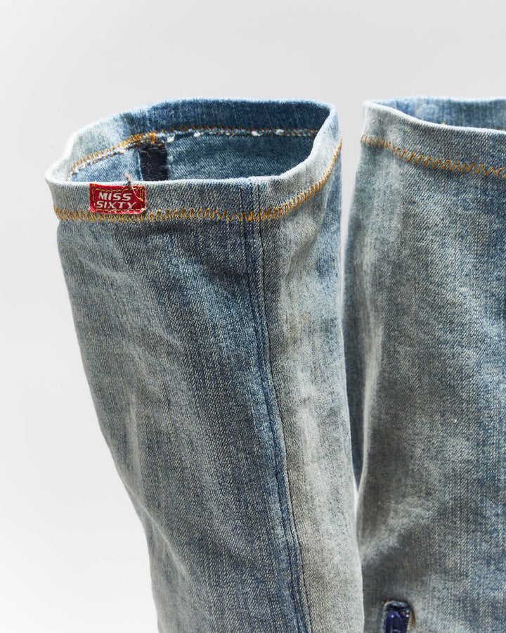 Vintage Y2K 00s Miss Sixty Knee High Denim & Leather Pointed Toe Boots - UK4