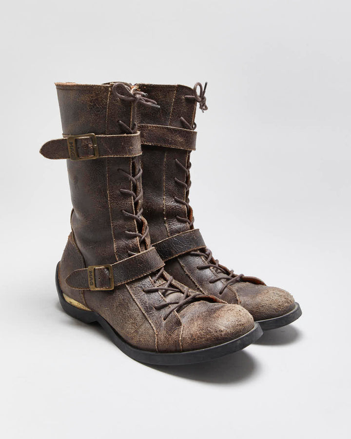 Vintage Y2K 00s Mag Distressed Leather Women's Mid Calf Biker Boots - UK7