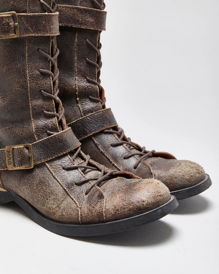 Vintage Y2K 00s Mag Distressed Leather Women's Mid Calf Biker Boots - UK7