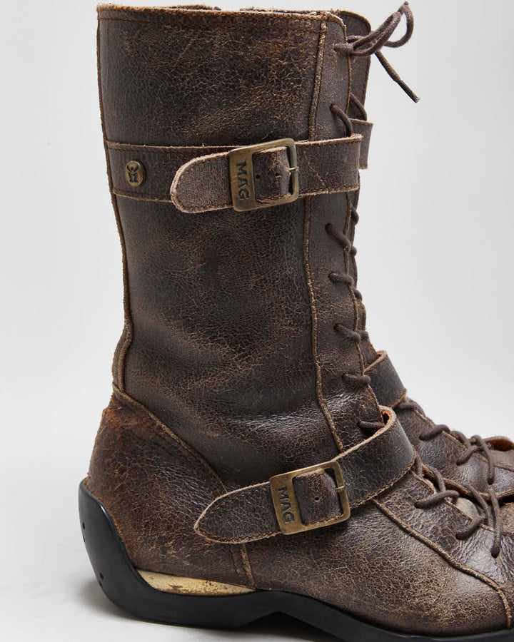 Vintage Y2K 00s Mag Distressed Leather Women's Mid Calf Biker Boots - UK7