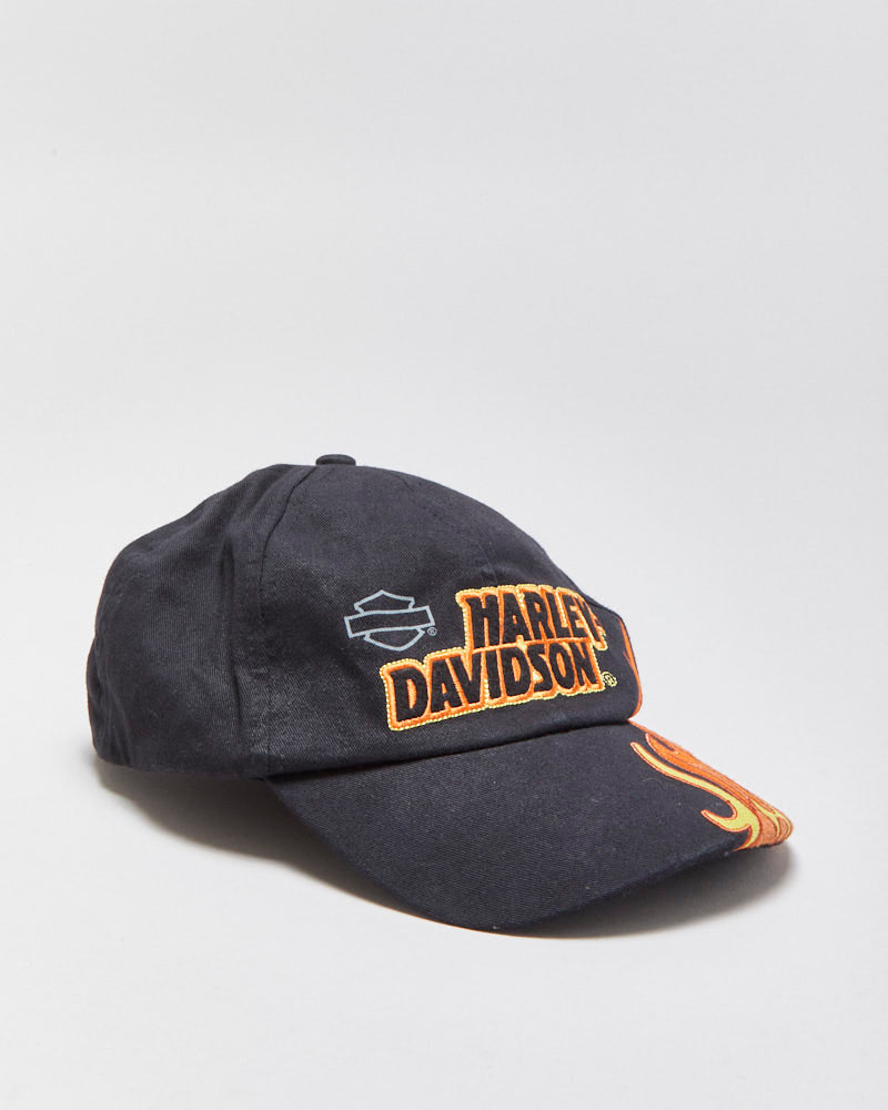 Vintage Harley Davidson Women's Canvas Embroidered Flames Velcro Baseball Cap - XS-S