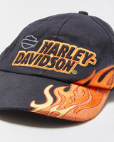 Vintage Harley Davidson Women's Canvas Embroidered Flames Velcro Baseball Cap - XS-S