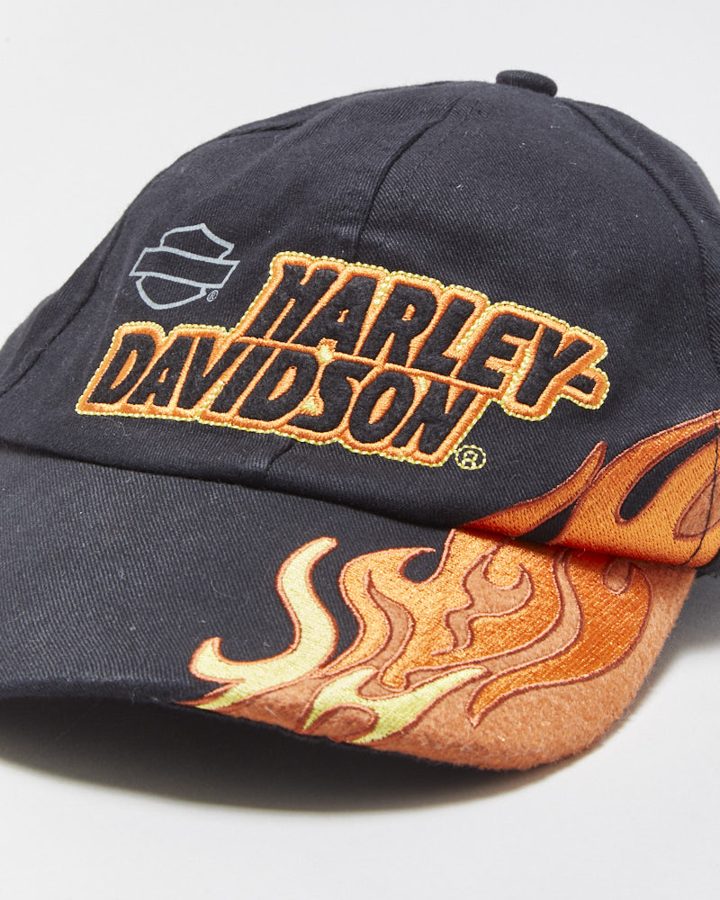 Vintage Harley Davidson Women's Canvas Embroidered Flames Velcro Baseball Cap - XS-S