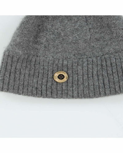 Tory Burch Grey Pure Cashmere Button Bobble Beanie - One Size