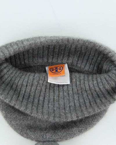 Tory Burch Grey Pure Cashmere Button Bobble Beanie - One Size