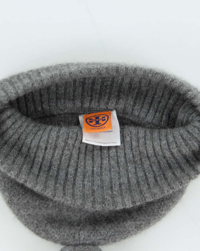 Tory Burch Grey Pure Cashmere Button Bobble Beanie - One Size