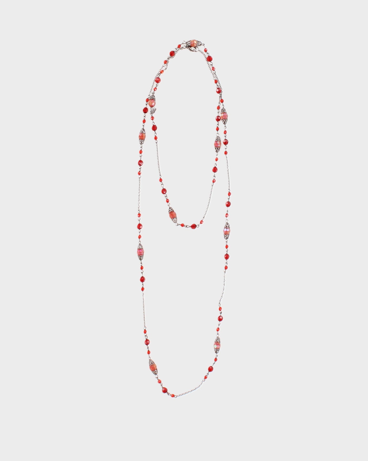 Vintage 90s Red Beaded Silver Layer Necklace - O/S
