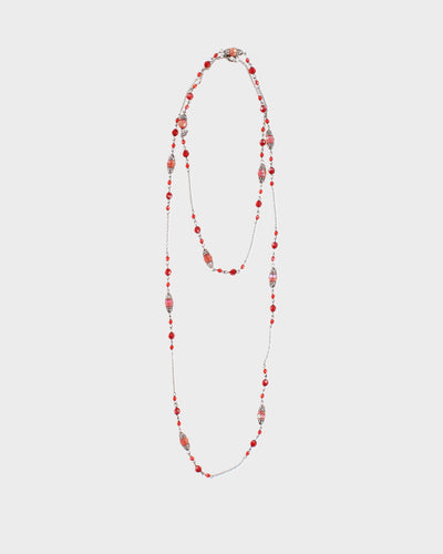 Vintage 90s Red Beaded Silver Layer Necklace - O/S
