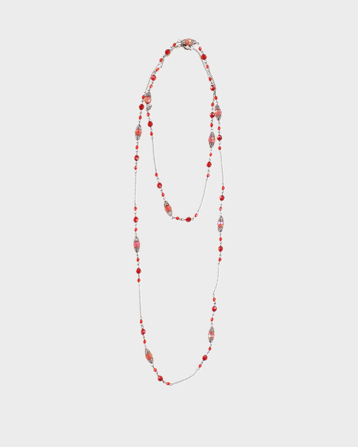 Vintage 90s Red Beaded Silver Layer Necklace - O/S