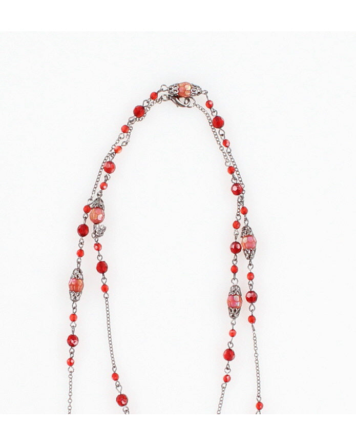 Vintage 90s Red Beaded Silver Layer Necklace - O/S