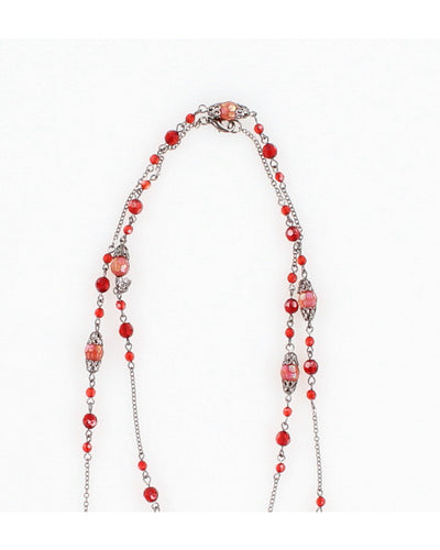 Vintage 90s Red Beaded Silver Layer Necklace - O/S