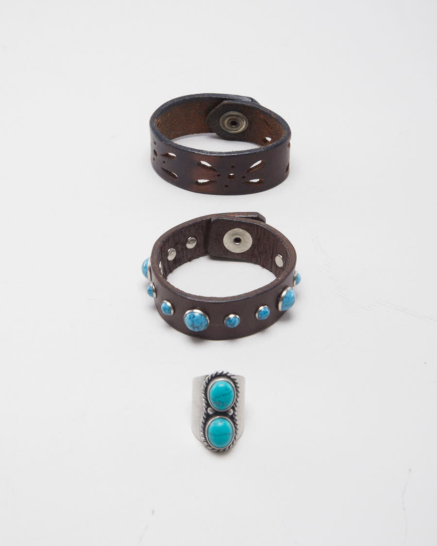 Vintage Leather Set of 2 Bracelets and Ring