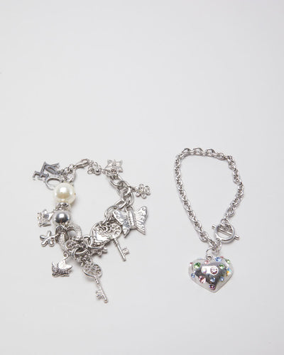 Clunky Y2K Charm and Bedazzled Bracelet Set - O/S