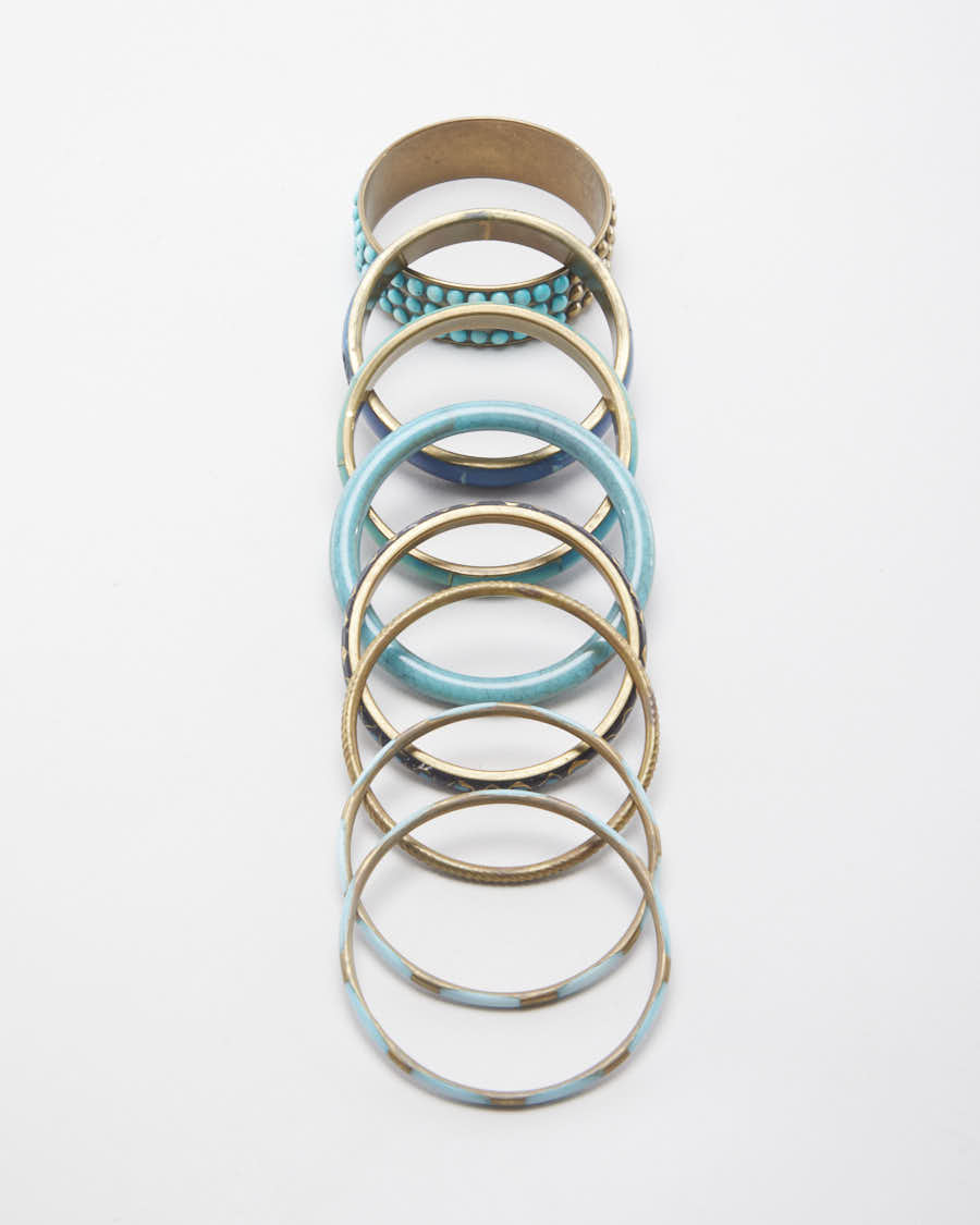 Vintage Brass and Turquoise Set of 8 Bangles