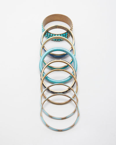 Vintage Brass and Turquoise Set of 8 Bangles