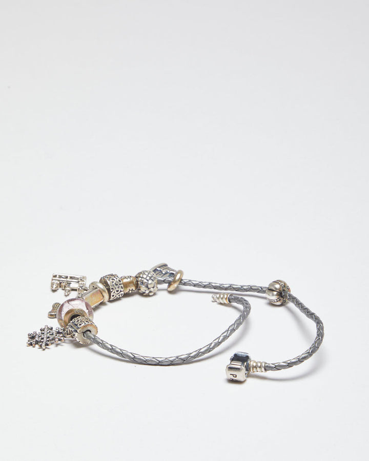 Pandora Silver Woven Leather Wrap Charm Bracelet