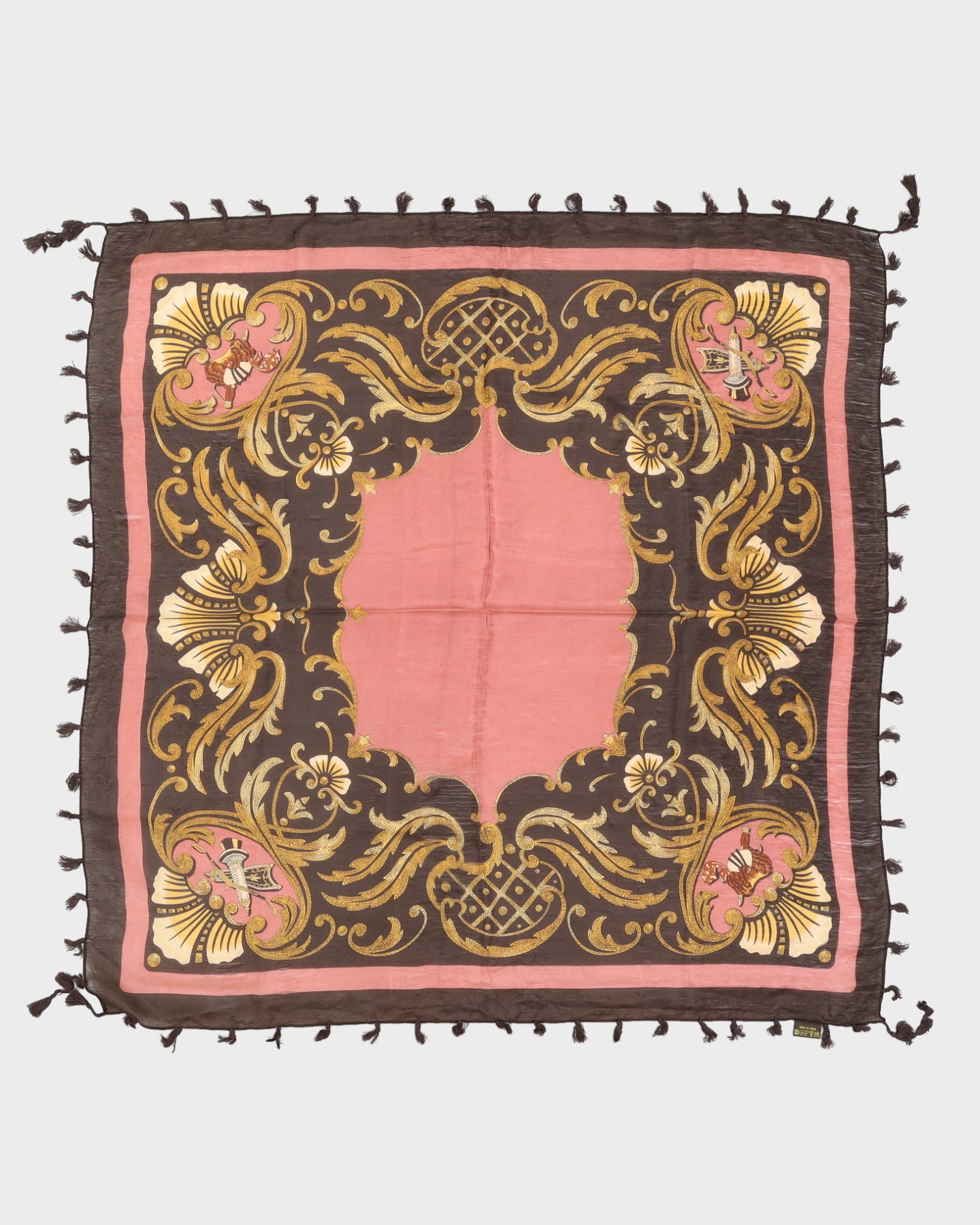 Brown And Pink Patterned Fringed Silk Scarf