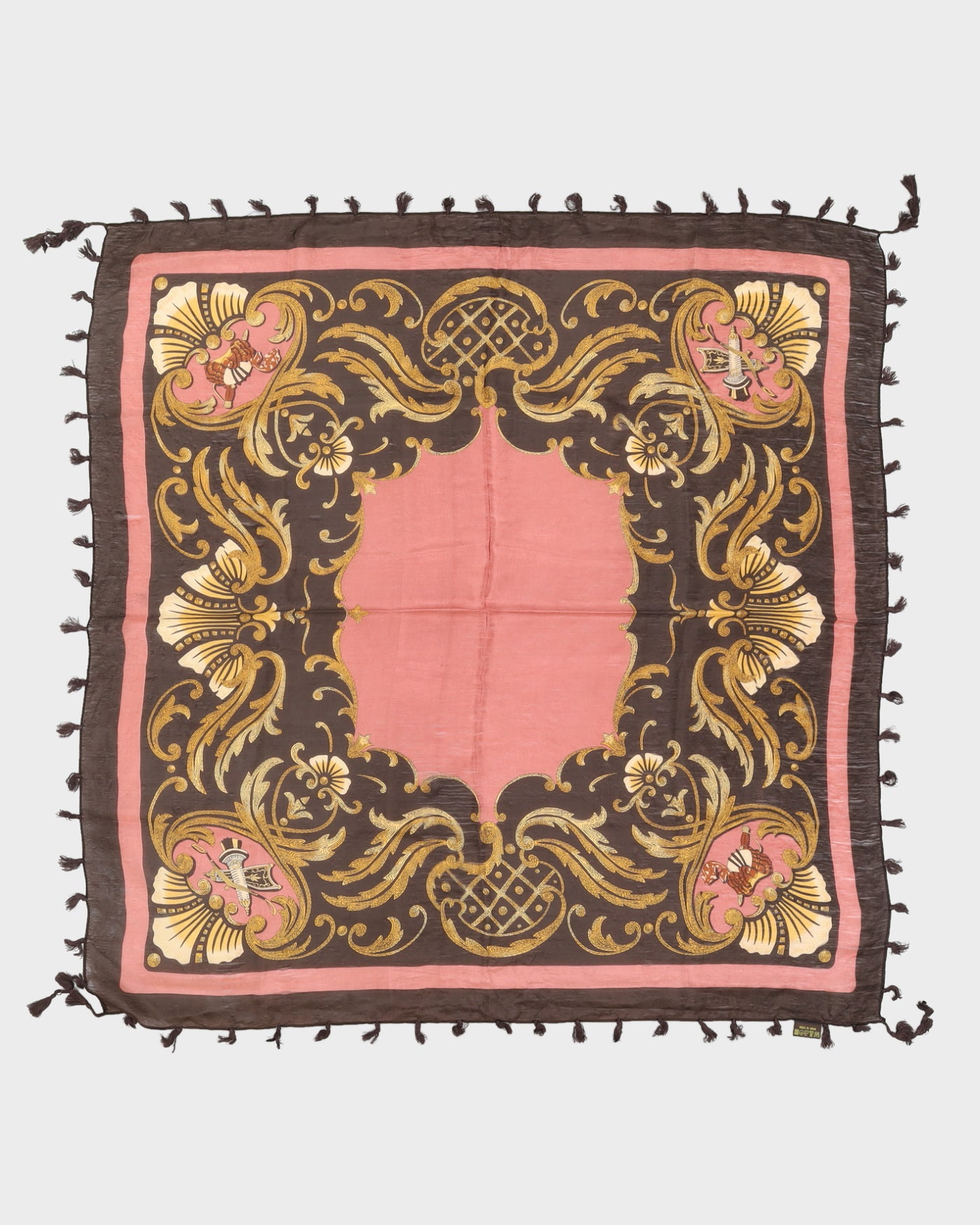 Brown And Pink Patterned Fringed Silk Scarf