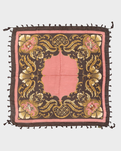 Brown And Pink Patterned Fringed Silk Scarf