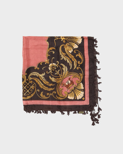 Brown And Pink Patterned Fringed Silk Scarf