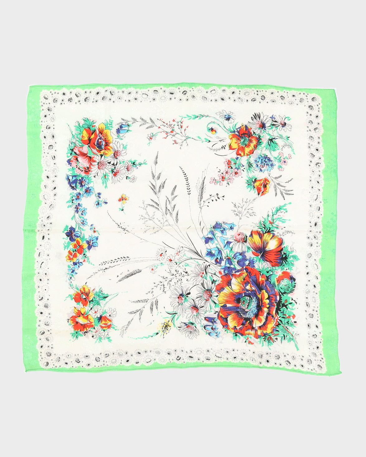 1990s Rayon Damask Green Floral Scarf