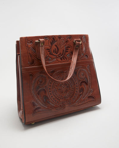 Vintage 90s Brown Leather Embossed Handbag - O/S