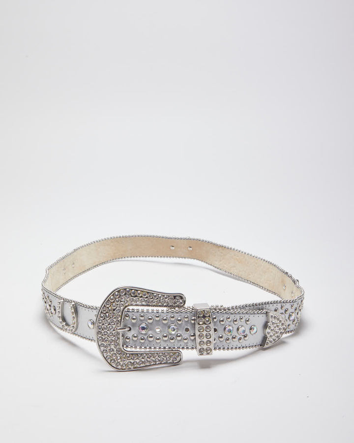 Y2k 00s Leather Rhinestone Western Belt - W36-40
