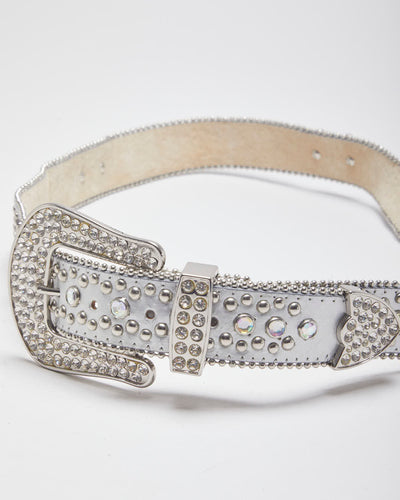 Y2k 00s Leather Rhinestone Western Belt - W36-40