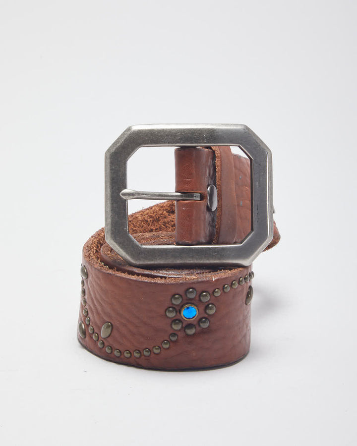 Y2k 00s Leather Rhinestone Belt -W30-W37