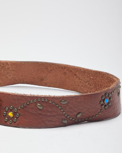 Y2k 00s Leather Rhinestone Belt -W30-W37